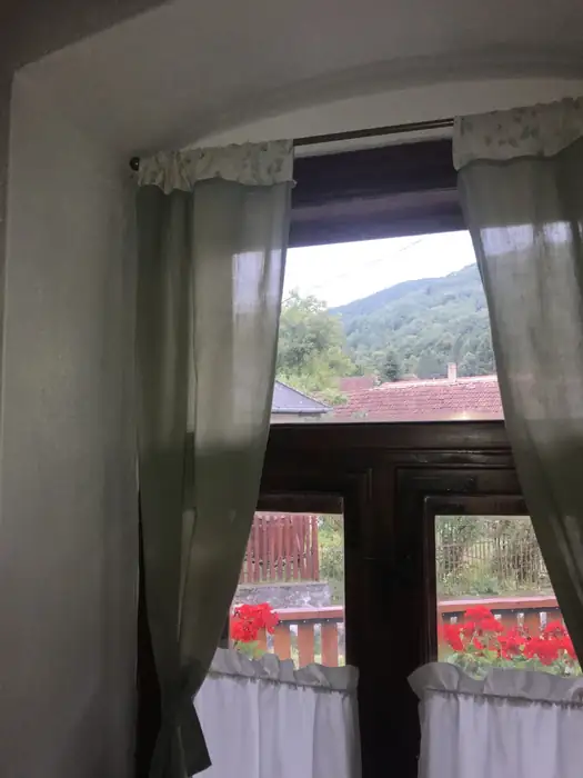 Ablak a hegyekre, az ablakpárkányon muskátli